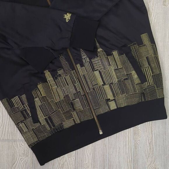 PNB Nation Black Satin Bomber Jacket Gold Thread NYC Skyline Embroidery Size 4XL - Picture 5 of 10